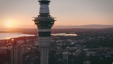 24 SEPTEMBER 2018. AUCKLAND, NEW ZEALAND. Aerial View Of Auckland City Skyline & Sky Tower at sunrise 