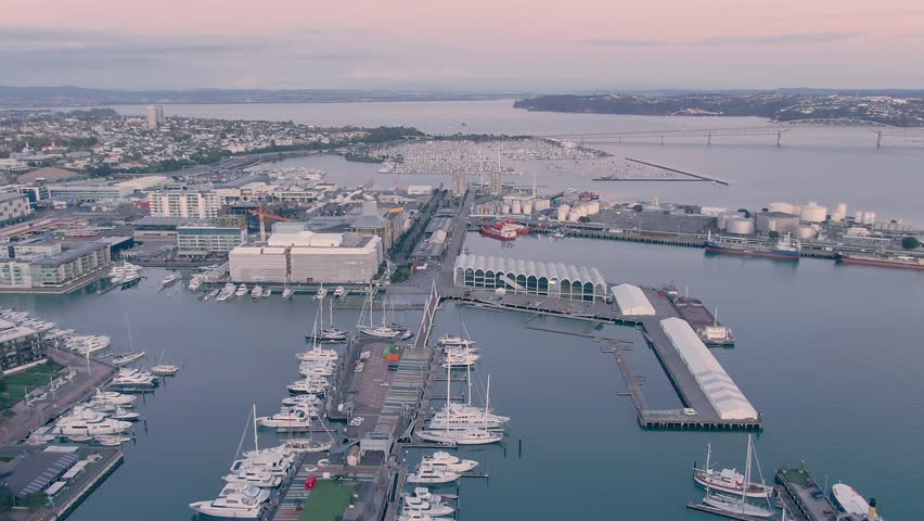 Aerial View Of Auckland City Skyline, Viaduct harbour, Wynyard quarter looking out to Westhaven Marina, Auckland, New Zealand