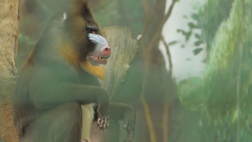 baboon sits on a wooden log and chews (hamadryad.papio)