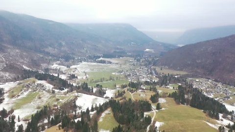Aerial Drone Footage View Of Bohinjska Bistrica , small beautiful city and landscape in Slovenia