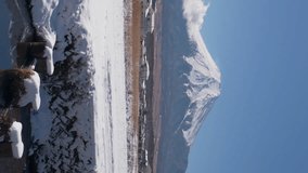 Mt. Fuji over Snowy Fields and a Stream  (vertical/time lapse)