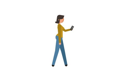 Stick Figure Pictogram Girl Walk Cycle with Smartphone Character Flat Animation