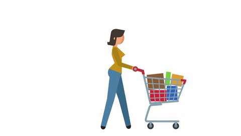 Stick Figure Pictogram Girl Walk Cycle with Shopping Cart and Goods Character Flat Animation
