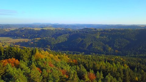 Aerial view of Slavkovsky les mountains. Beautiful tourist nature landscape from drone view. West bohemia in Czech republic. 