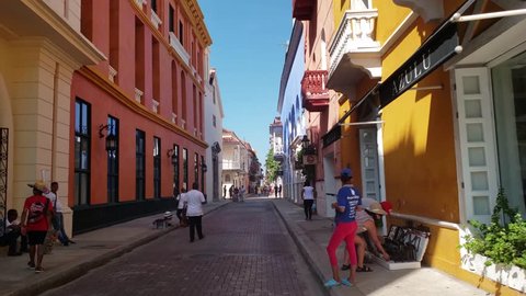 CARTAGENA, COLOMBIA - NOVEMBER 2018: Walking on the touristic streets of Cartagena with smooth slow motion flow