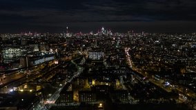 Establishing Aerial View of London Skyline, The City of London, United Kingdom, night