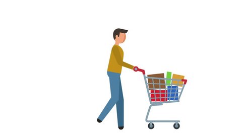 Stick Figure Pictogram Man Walk Cycle with Shopping Cart and Goods Character Flat Animation