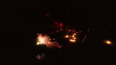 Night show with fire on the summer festival top view