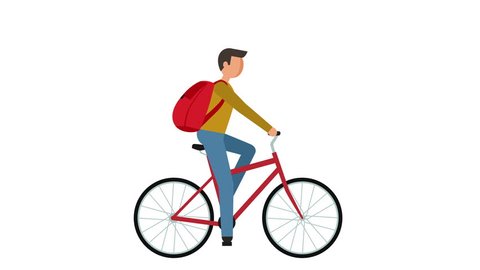Stick Figure Pictogram Man Riding a Bike with Backpack Character Flat Animation