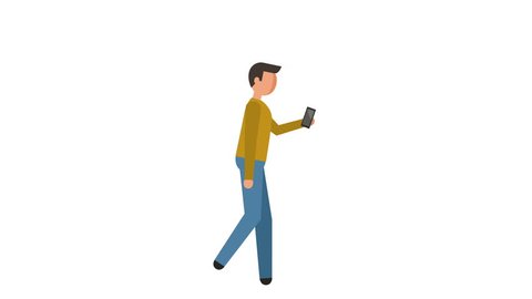 Stick Figure Pictogram Man Walk Cycle with Smartphone Character Flat Animation