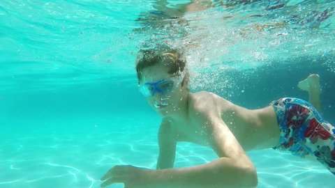 GoPro underwater shot on boy swimming in pool and goes up to dance the Marle Bob dance.