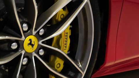 Moscow, Russia - February, 2019: Close-up of a wheel of a Ferrari sports car