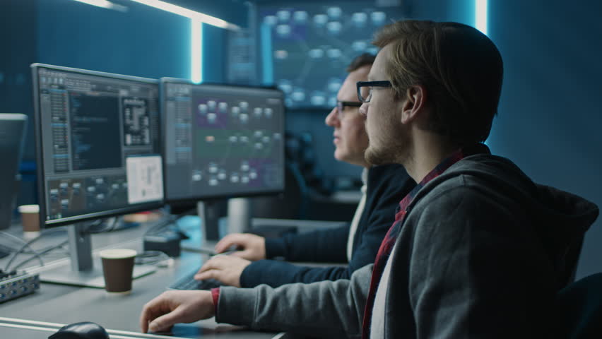 Two Professional IT Programers Discussing Blockchain Data Network Architecture Design and Development Shown on Desktop Computer Display. Working Data Center Technical Department with Server Racks | Shutterstock HD Video #1024519607