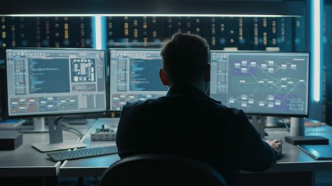 Professional IT Programer Working in Data Center on Desktop Computer with Three Displays, Doing Development of Software and Hardware. Displays Show Blockchain, Data Network Architecture. 8K RED