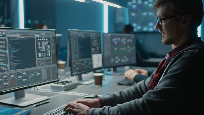 Smart Male IT Programer Working on Desktop Computer in Data Center Technical System Control Room. Team of Young Professionals Programming in Coding Language. Shot on 8K RED  | Shutterstock HD Video #1024519640