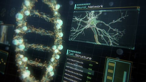 Rotating digital DNA strand on futuristic display with infographics, charts and graphs. Analysis of DNA amino acids, molecules and genes for medical research and science.