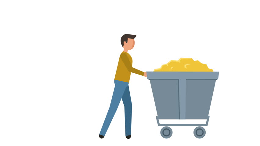 Stick Figure Pictogram Man miner pushes a mining barrow with gold Character Flat Animation