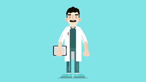 Explainer video animated character, male doctor with a moustache explaining and pointing finger. 2D animation of vector illustration. Made in 4K + Alpha channel Stock Video