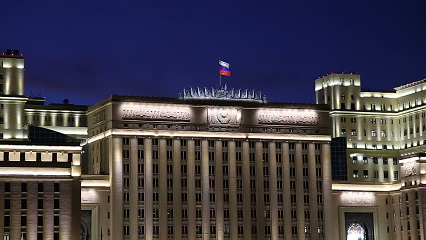  Main Building of the Ministry of Defence of the Russian Federation (Minoboron), at night-- is the governing body of the Russian Armed Forces. Moscow, Russia 