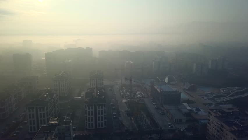 Flying over a concrete living apartment area in east Europa with many birds flying around the drone