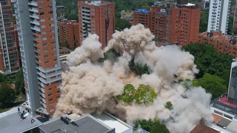 Medellín, Colombia, February, 22, 2018: Demolition of the Monaco building that belonged to the Colombian drug lord Pablo Escobar