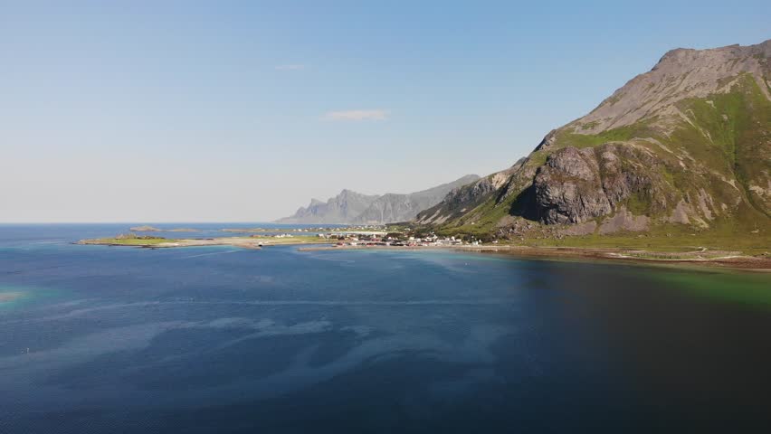 Sea with mountains, norwegian summer landscape on Lofoten archipelago Nordland county, Norway. Tourist attraction