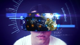 Close-up shot of a young man wearing VR Headset experiencing 3D virtual reality. Technology related digital earth network concept. Loop. - Powered by Shutterstock - Get 15% off with code: PIKWIZARD15