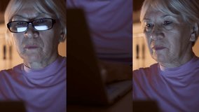 Business woman in glasses in kitchen at night work on laptop from home office. Businesswoman listen to music via headphones. Female rub tired eyes. Vertical video montage for mobile devices and social