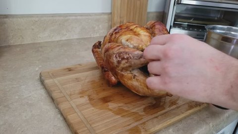 Home cooking - Removing or untangling chicken wire from freshly roasted Turkey's legs just after removing it from electric counter top rotisserie after being cooked for more than hour and half.