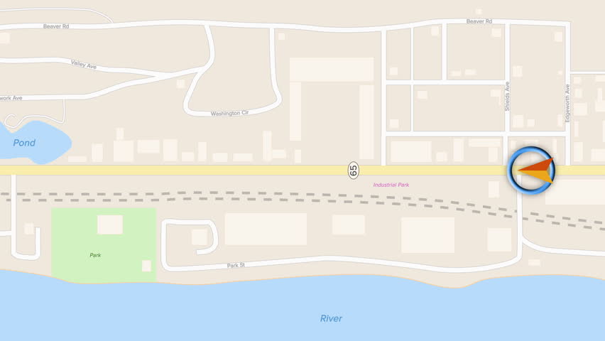 A simulated GPS map screen showing driving in a fictional river town.  	