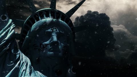 The End of Liberty 4K features a close-up of the Statue of Liberty with cracks and graffiti all over it with roiling clouds in the background.