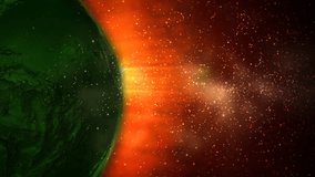 Green Planet Afire Particle Background 4K Loop features a green revolving earth in a third of the screen with flame-like particles flowing around the globe in front and back in a seamless loop.