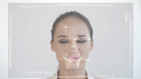 Futuristic and technological scanning of the face of a beautiful woman for facial recognition and scanned person. Example of an denied access. slow motion. 3840x2160
