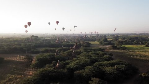 Aerial: Hot Air Balloons Over Temples of Old Bagan