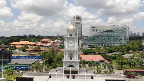JOHOR BAHRU, JOHOR, MALAYSIA - FEBRUARY 23, 2019: Johor Bahru Clock Tower was build in the year 1994 as a remark of the place became city municipal. Until now it is remain as one of the city landmark.