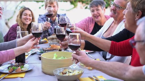 Different age of people cheering with red wine at barbecue dinner outdoor - Happy family having fun at sunday meal drinking and eating together - Food, taste and summer concept - Slow motion