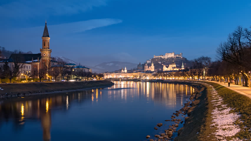  The fortress, Cathedral, and river at night in Salzburg, Austria image Bildidee 