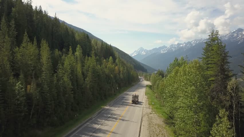 Aerial view of Trans-Canada Highway in the Canadian Mountain Landscape. Located between Golden and Revelstoke, BC, Canada.