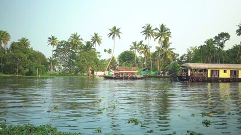Alleppey, Kerala / India- 12/30/2018: Alleppey backwater India, boats passing through the backwater