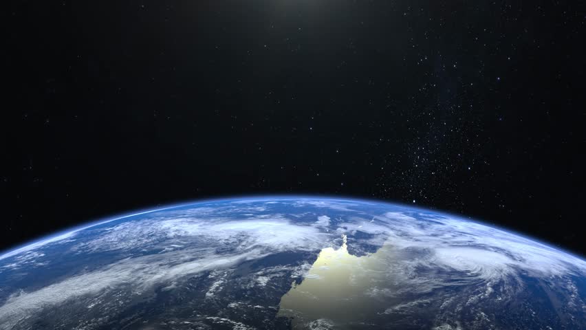 Earth from space. Stars twinkle. No sun in the frame. Flight over the Earth. 4K. Sunrise. The earth slowly rotates. Realistic atmosphere. 3D Volumetric clouds. The camera 36mm moves forward. Royalty-Free Stock Footage #1024637714