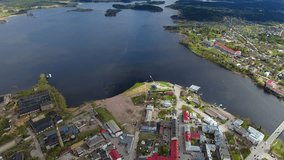 Aerial air view of Sortavala city, a town in the Republic of Karelia, Russia, located at the northern tip of Lake Ladoga, shot from drone