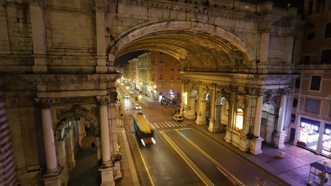 GENOA, ITALY - 02/20/2019: Via XX Settembre in Genoa, evening view with the Monumental Bridge