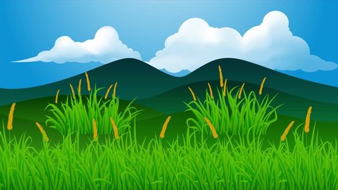 Grasslands Scenery With Hill And Cloudsky In The Windy Day Animation 10 Seconds Seamless Loop