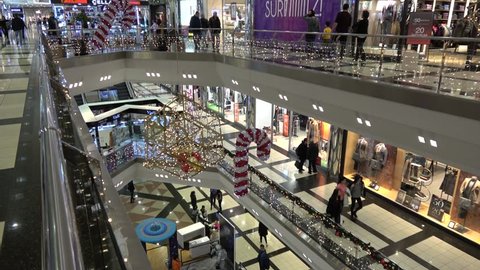 Antalya Migros AVM, Turkey - 23th of January 2019: 4K Viewing Christmas decorated shopping mall of Antalya 
