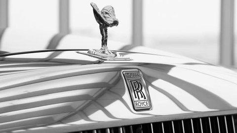 Moscow, Russia - February, 2019: Close up high detailed view of Rolls-Royce emblem logo, Spirit of Ecstasy