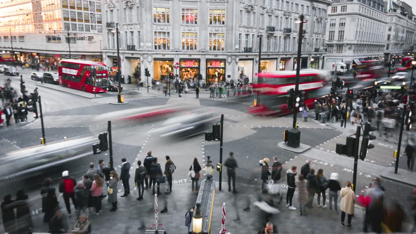 LONDON- FEBRUARY, 2019: Oxford Street circus, time lapse of rush hour from elevated view of world famous London landmark
