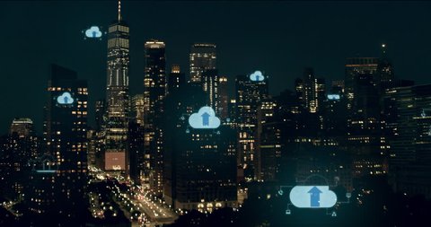 Cloud computing icons with percentages scattered throughout a large city. Data communication, technology concept, artificial intelligence, digital network. New York City shot on 4k RED camera.