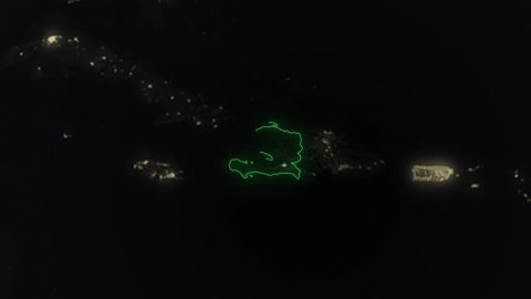 Realistic 3d animated earth showing the borders of the country Haiti and the capital Port-Au-Prince in 4K resolution at nighttime