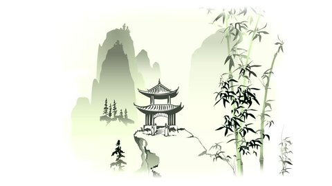 Pagoda on the rock, Great Wall of China. Animation in the style of traditional Chinese painting.