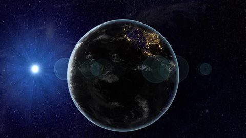 Sun eclipse from space animation with a big aura of rays forming around Earth, showing North and South American continent at night with shining lights.